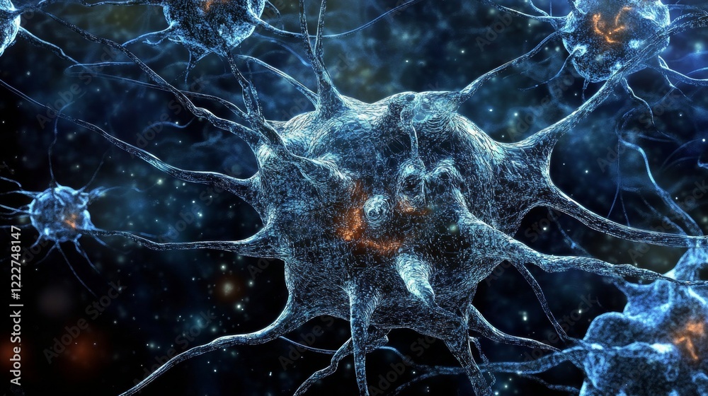 Poster 3d rendering of a network of neurons firing with electrical signals, neural network, brain activity