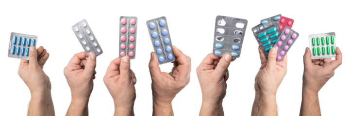 Collage of male hands holding blister pack with medicine, antibiotic pills, or painkillers, isolated on transparent  background. healthcare and treatment concept