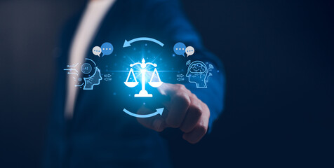 AI ethics or AI Law concept. Developing AI codes of ethics. Compliance, regulation, standard , business policy and responsibility for guarding against unintended bias in machine learning algorithms.