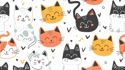 Colorful Seamless Kitty Pattern with Cute Cats Vector Background