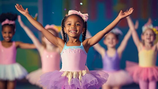 A young girl in a pink tutu dancing joyfully on stage during a ballet recital