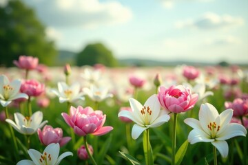 A field of white lilies and pink peonies swaying in the breeze, white lilies, gentle