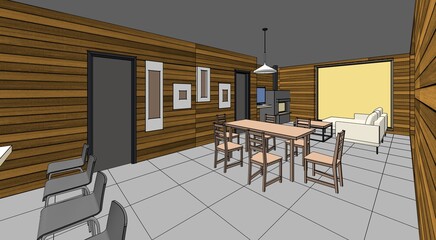 interior kitchen living room 3d illustration	
