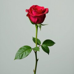 Obraz premium A single long-stemmed red rose with green foliage, stem, elegant, rose