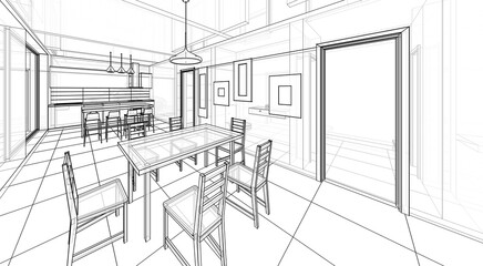 interior kitchen living room 3d illustration	
