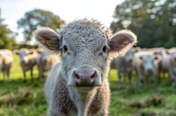 Obraz premium Close-Up of a Curious Calf with Curly Fur in a Lush Green Pasture Surrounded by Other Cows Under Soft Natural Lighting in a Serene Rural Setting