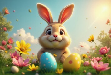 Obraz premium Cartoon Bunny with Easter Eggs and Flowers