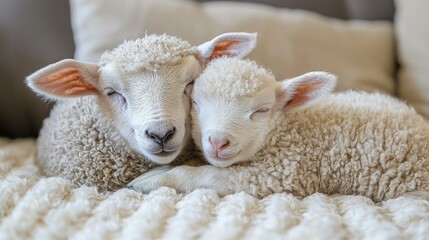 Obraz premium Two Lambs Sleeping Peacefully Together On Soft Blanket