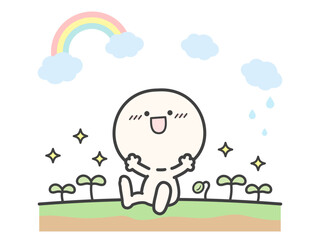 虹と人物と発芽した双葉のイラスト