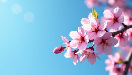 Fototapeta premium Cherry blossom branches against a clear blue sky, branch, foliage