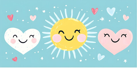 Happy hearts sun pastel background print