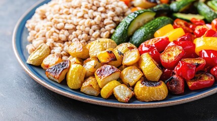 Whole foods concept. Vibrant plate of roasted vegetables and grains, showcasing healthy eating options.