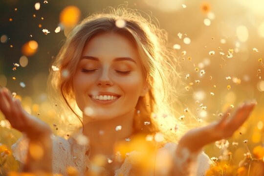 A woman spinning in a field of wildflowers, her arms outstretched and her face filled with pure joy under a sunny sky