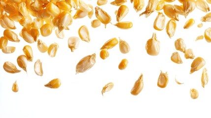 A collection of yellow corn kernels scattered against a white background.