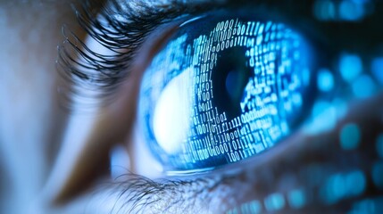 Digital representation of an eye showcasing binary code and technological elements in a futuristic setting