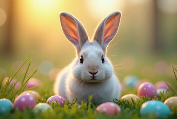 White Rabbit with Pastel Easter Eggs in Grass