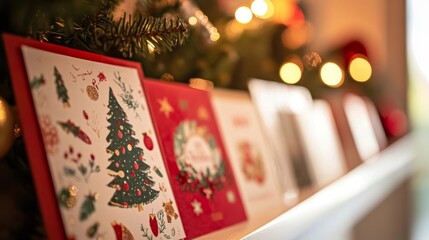 Festive holiday cards displayed on a mantel with warm lights creating a cozy atmosphere during the Christmas season