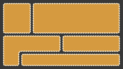 Scallop edged frame template set. Bento collage grid shapes. Geometry modular moodboard borders with perforation. Label textboxes Lace frill pack. Trendy blocks blank layout. Vector illustration.