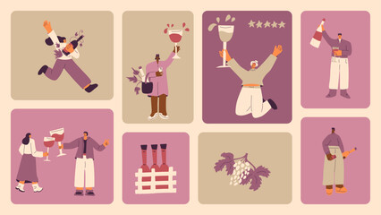 Fototapeta premium Wine drink people on bento grid box background. Tasting event on modular mosaic grid. Party with alcohol drinks. Women and men with wineglasses visit a vineyard. Geometric vector flat illustration.