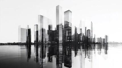 Fototapeta premium Black and white skyline reflecting on water captures urban beauty and architecture in a serene atmosphere