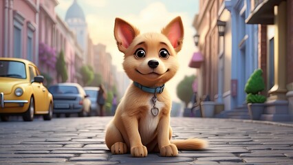 A small, animated puppy with fluffy white fur and a black patch around one ear sits on a cobblestone street,