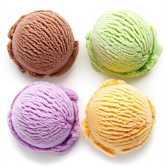 Fototapeta premium Four scoops of colorful ice cream, delicious dessert, overhead studio shot, white background, food photography