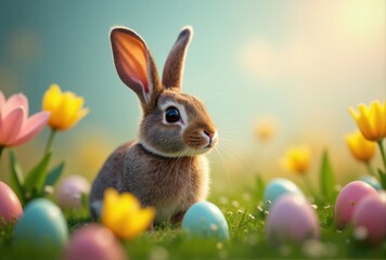 Brown Rabbit with Easter Eggs and Tulips