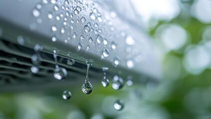 Water droplets cling to and drip from a condensation-covered surface.