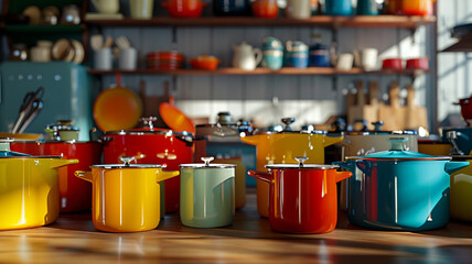 Display of Colorful Vintage Enamelware: A vintage enamelware set with vibrant hues on display, showcasing the appeal of classic kitchen pieces.