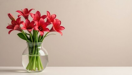 Fototapeta premium Fresh cut Alstroemeria stems in a modern glass vase, minimalist, contemporary