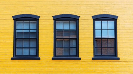 Three Black-Framed Windows on Bright Yellow Brick Wall