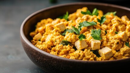 Plant-based foods idea. Delicious scrambled tofu with herbs in a rustic bowl ready to be served.