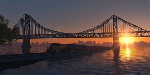 Obraz premium Freight train crossing bridge at sunset, city skyline background. Transport image