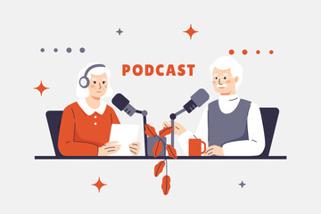 Vector illustration of elderly man and woman with headphones hosting a podcast sitting at the table with notes. A couple of characters share life experiences with the audience. Podcast studio interior