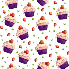 A seamless pattern featuring delicious pink cupcakes with creamy frosting and juicy strawberries on top. This sweet and cheerful design brings a fun and delightful mood to any creative project.