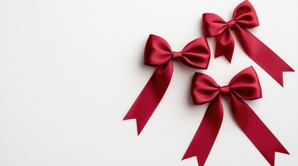 Three red satin bows on white background; gift wrapping, holiday decor, festive design