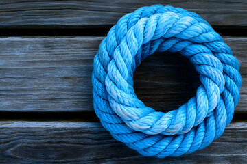 Obraz premium Blue rope circle on wood, nautical design