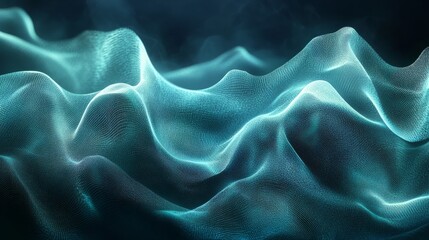 Abstract blue-green gradient with grainy noise texture and turquoise mesh, dynamic flow of fluid patterns creating a modern visual 