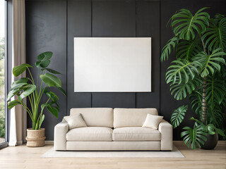 Canvas Mockup in Modern Living Room. White Sofa and Blank Canvas. Horizontal Poster Mockup. Empty Canvas