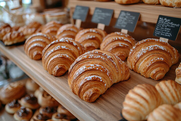 Golden-brown croissants, dusted with powdered sugar, displayed on a wooden shelf.