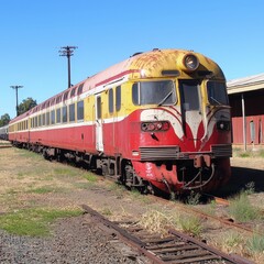 Obraz premium Vintage train rests quietly on tracks under blue sky in rural setting
