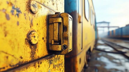 Close-up of a weathered yellow train latch with blurred train cars in the background