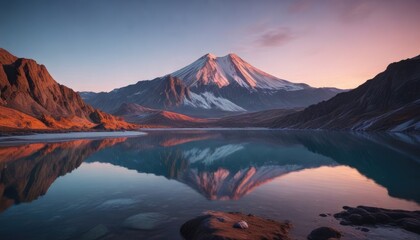 Obraz premium Glacial lake under the shadow of a dormant volcano at dusk, sunset, tranquil scene , snow-capped peak