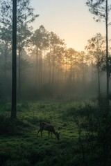 A deer grazing in a misty forest at sunrise