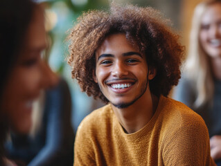 Smiling young man with curly hair in a warm and supportive group therapy setting, sharing an emotional and uplifting moment