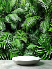 Lush tropical foliage backdrop with a minimalist platform.