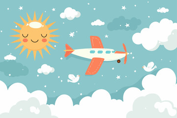 Naklejka premium Commercial airplane soaring through a clear blue sky, leaving a trail of fluffy white clouds behind, sunlit wing reflections