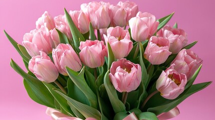 Fototapeta premium Delicate pink tulips burst forth in a lively bouquet, showcasing a captivating blend of colors and textures. This floral arrangement radiates the essence of spring's enchanting beauty