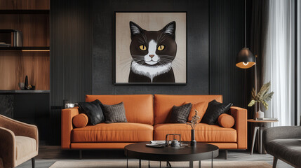 Stylish Cat Portrait in Modern Living Room: A sophisticated black and white cat portrait takes center stage above a burnt orange sofa in a contemporary living room.