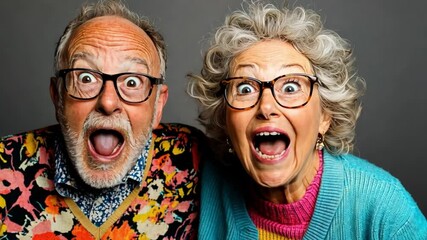 Excited elderly couple celebrating a joyful moment in a colorful setting